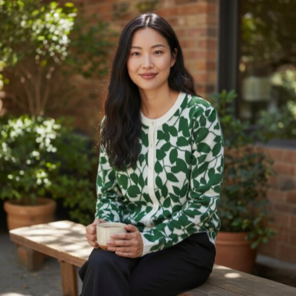 Kate Spade Green Leaf Cardigan M EUC - Picture 2 of 6